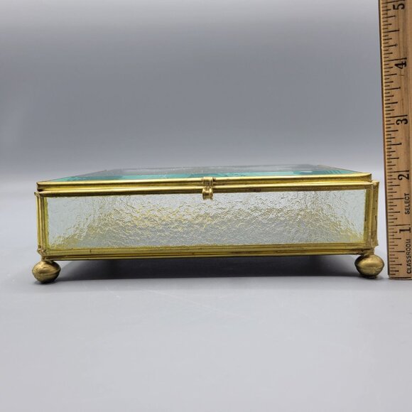 Vintage Flambro Glass Jewelry Box Etched Butterfly Design Brass Frame Taiwan - Picture 15 of 16